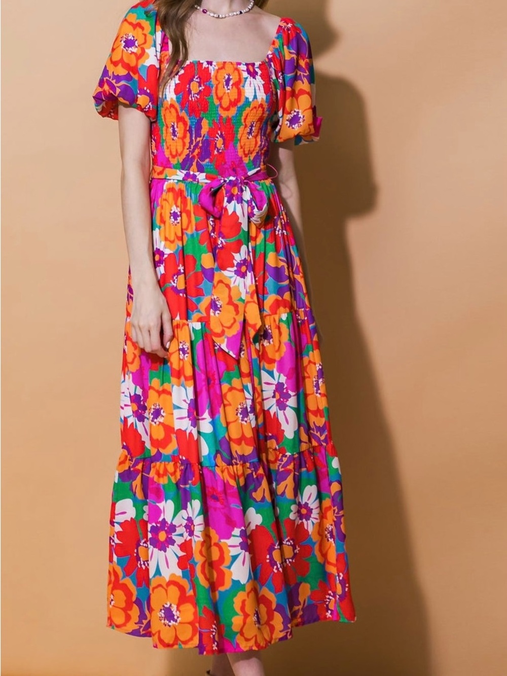 Flying Tomato Floral Smocked Puff Sleeve Midi Dress Size Large